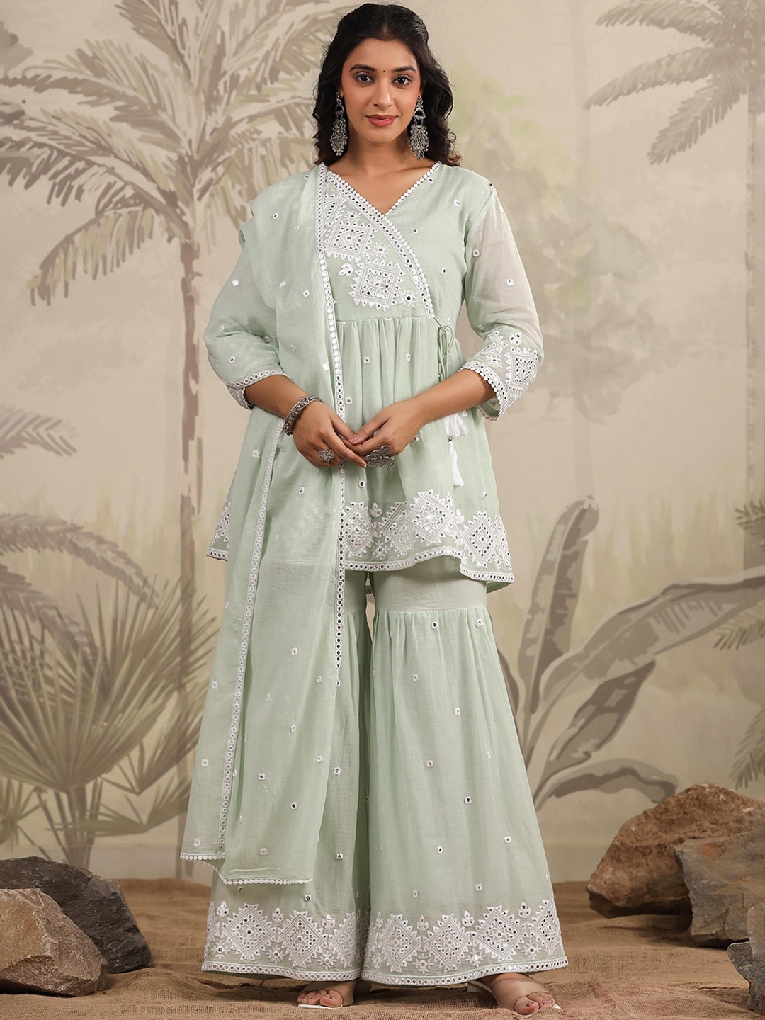 

SCAKHI Embroidered Mulmul Cotton A-Line Angrakha Kurta With Sharara & Dupatta, Green