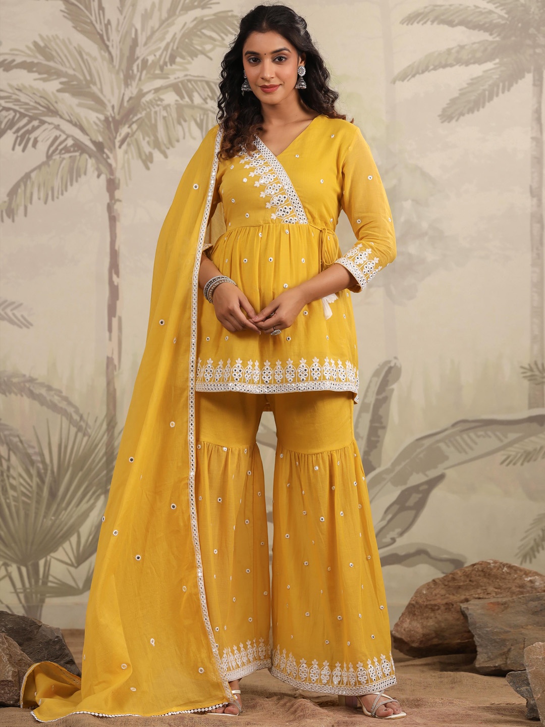 

SCAKHI Embroidered Mulmul Cotton A-Line Angrakha Kurta With Sharara & Dupatta, Mustard