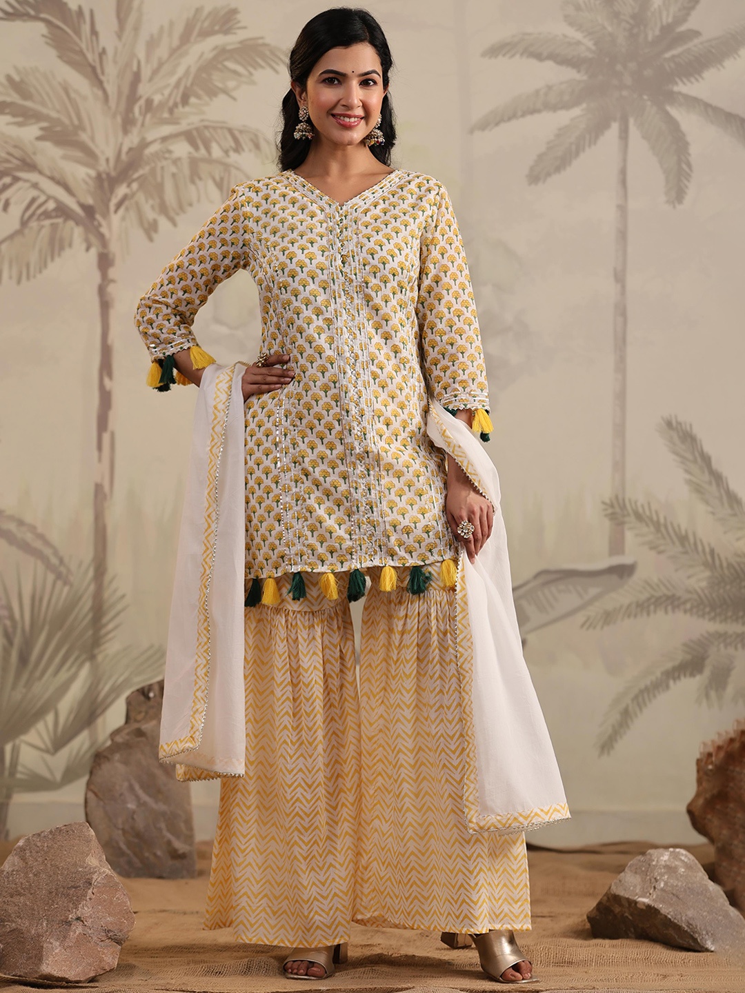 

SCAKHI Floral Printed Gotta Patti Mulmul Cotton Kurta With Sharara & Dupatta, Yellow