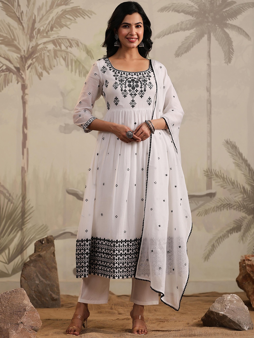 

SCAKHI Floral Embroidered Mirror Work Mulmul Cotton Anarkali Kurta With Trousers & Dupatta, White