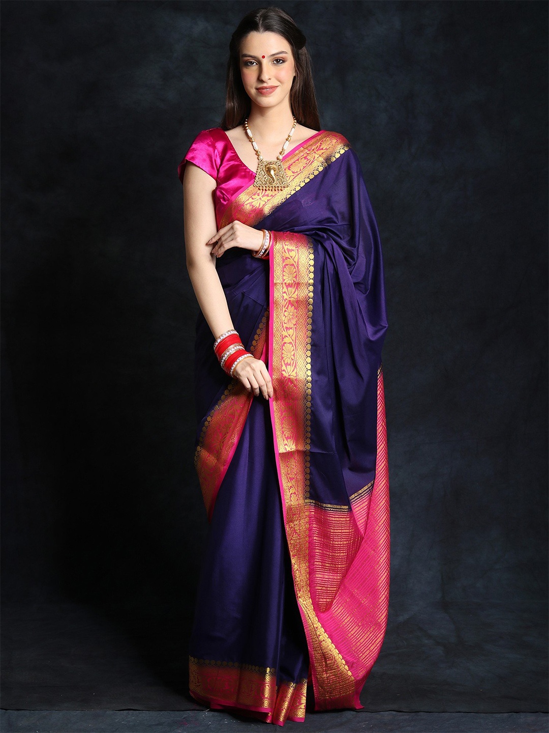

Exotic India Zari Pure Silk Mangalagiri Saree, Violet