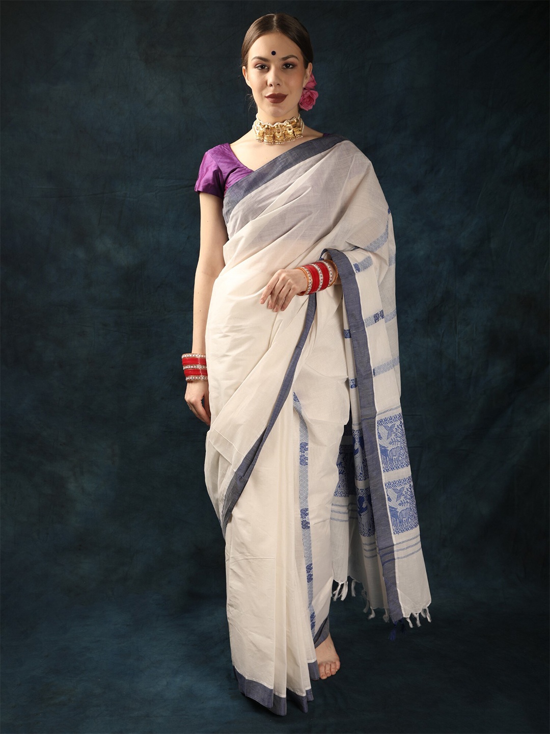 

Exotic India Pure Cotton Saree, Blue