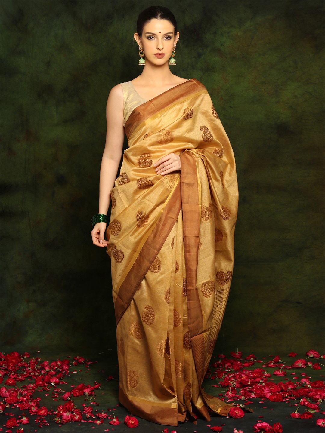 

Exotic India Golden Art Silk Saree with Golden Stripes and Traditional Paisley Motifs, Gold