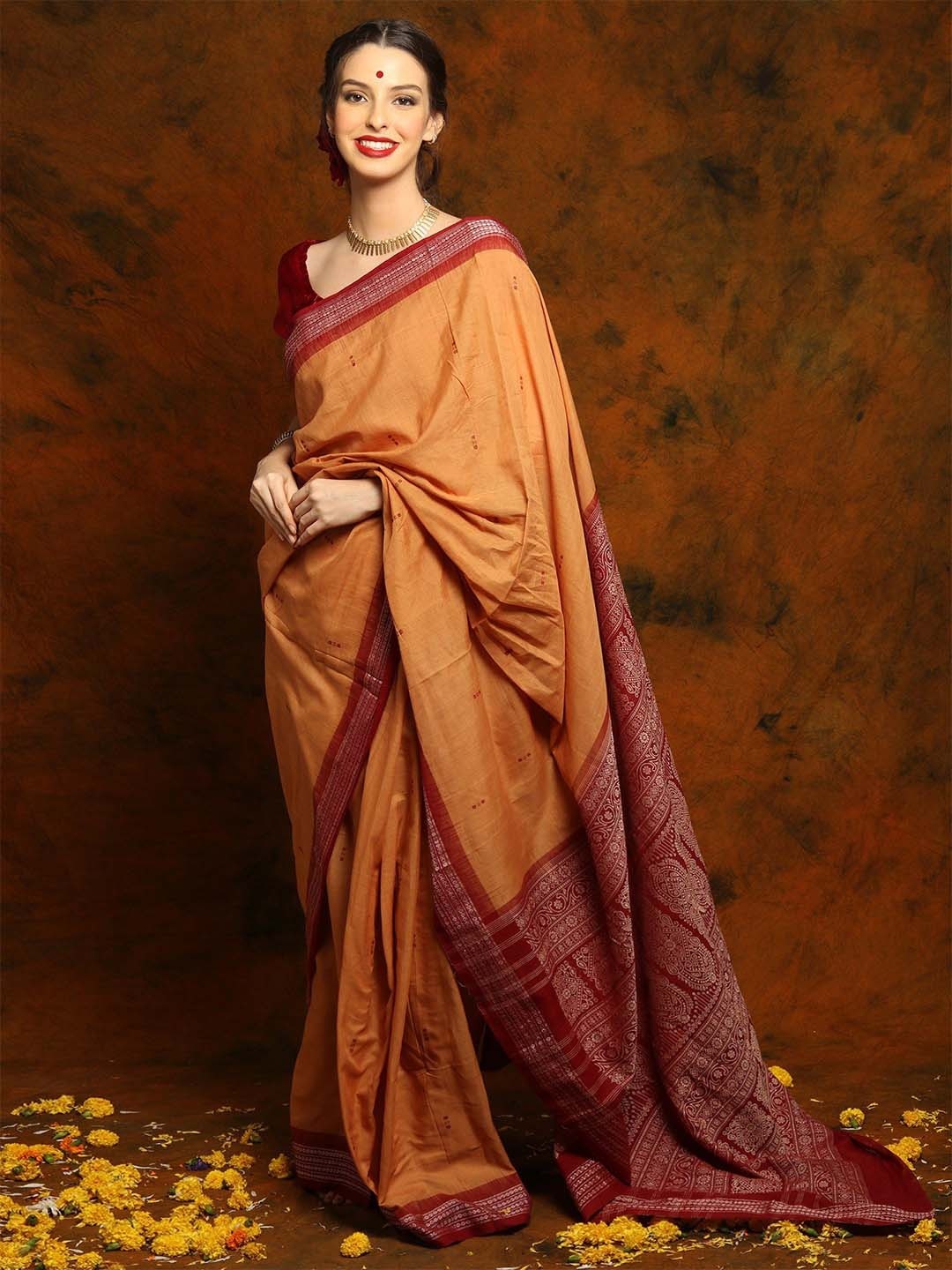 

Exotic India Woven Design Pure Cotton Bomkai silk Saree, Orange