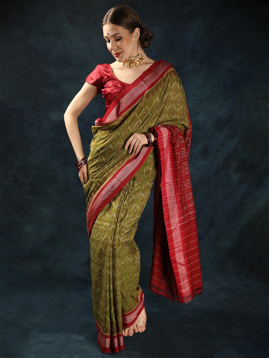 

Exotic India Zari Pure Cotton Sambalpuri Saree, Green