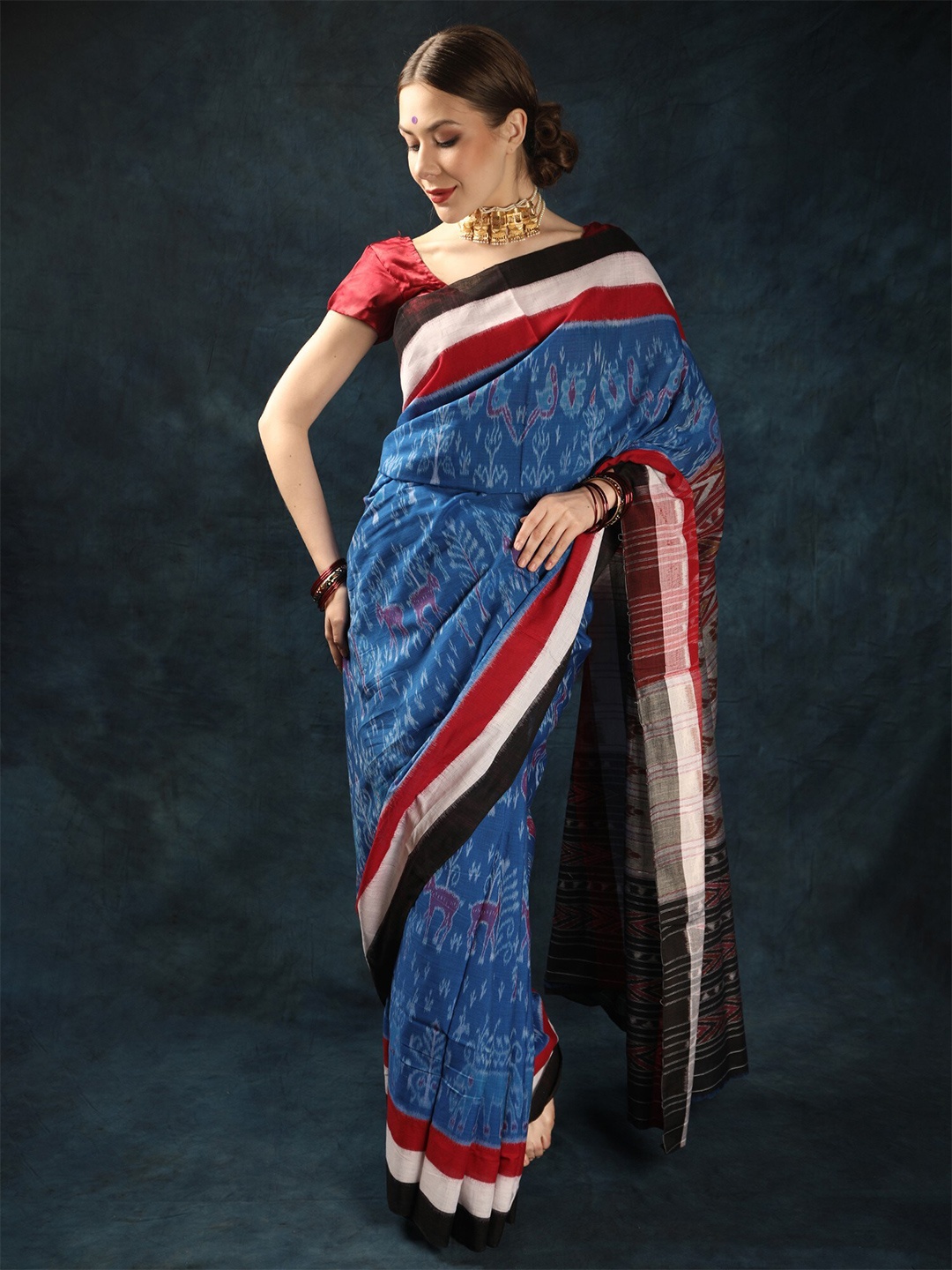 

Exotic India Ethnic Motifs Pure Cotton Sambalpuri Saree, Blue
