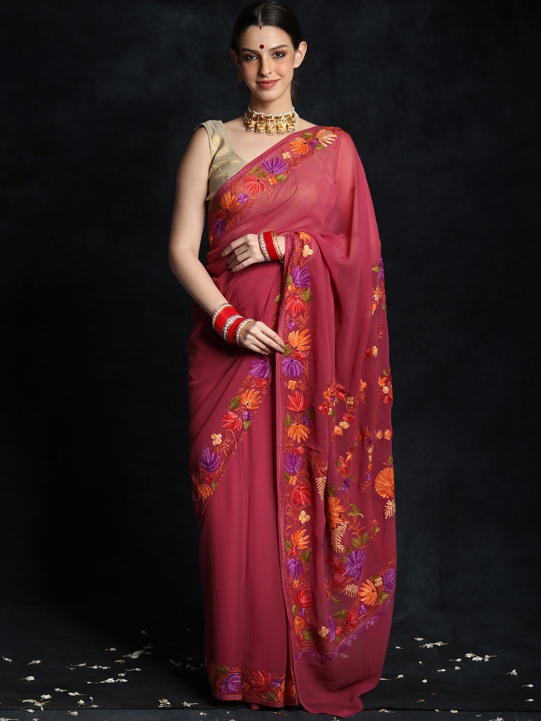 

Exotic India Embroidered Pure Georgette Saree, Pink