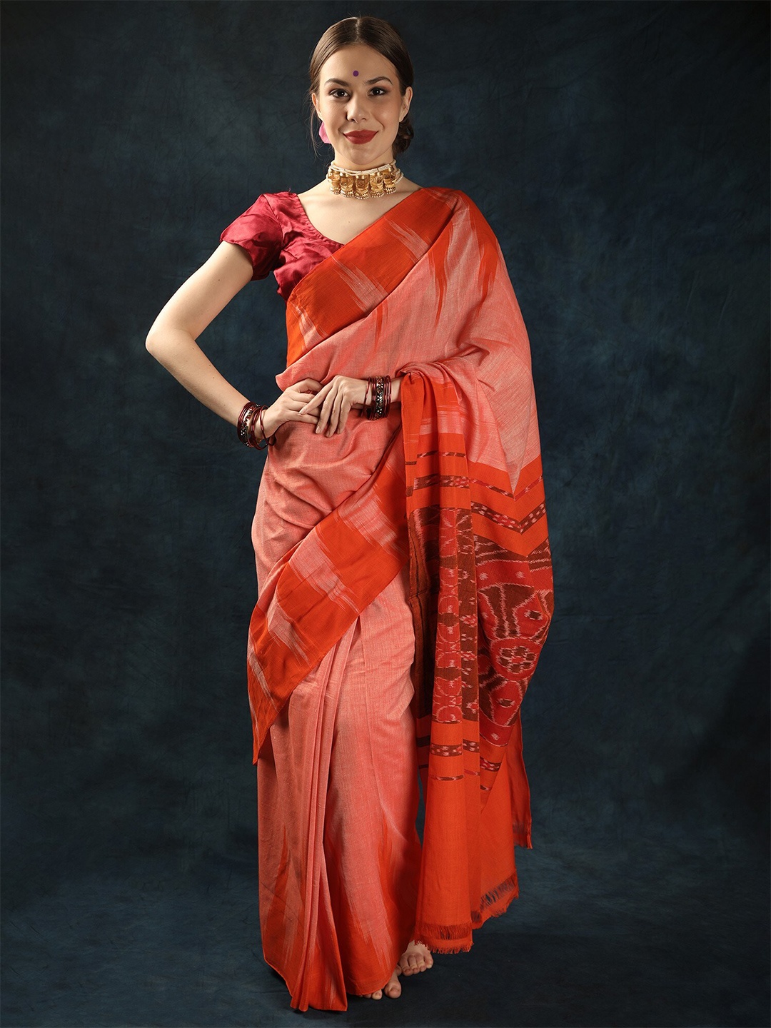 

Exotic India Pure Cotton Sambalpuri Saree, Orange