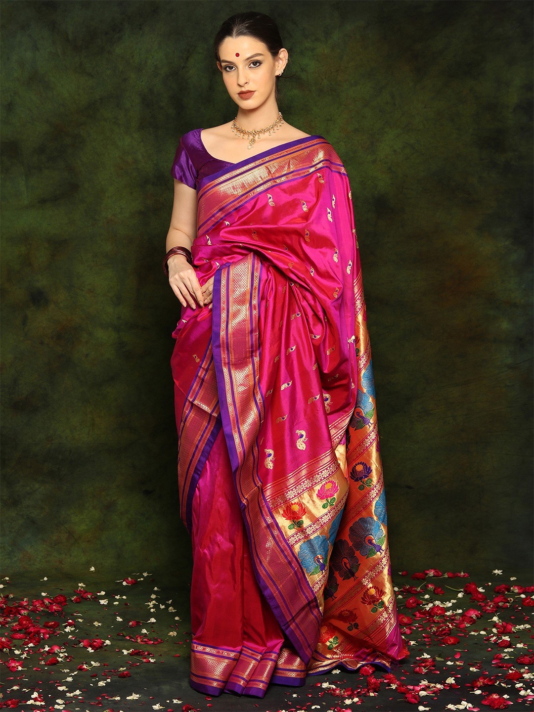 

Exotic India Woven Design Zari Pure Silk Paithani Saree, Pink
