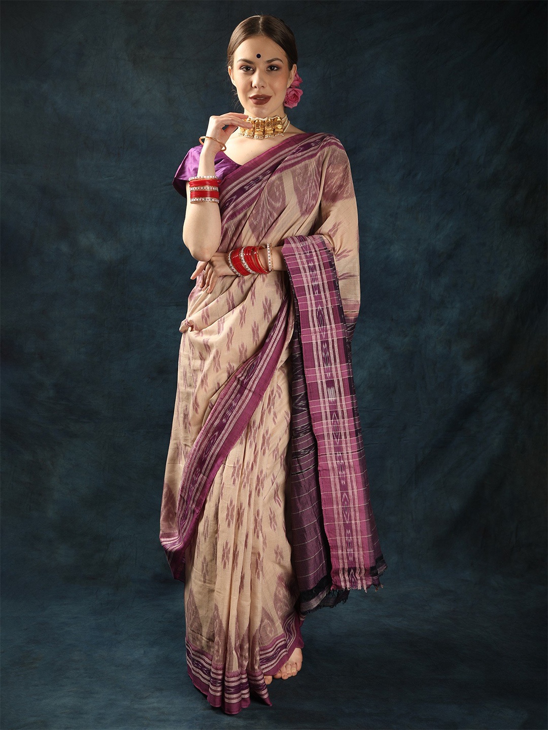 

Exotic India Women's Ethnic Motifs Pure Cotton Sambalpuri Saree, Beige
