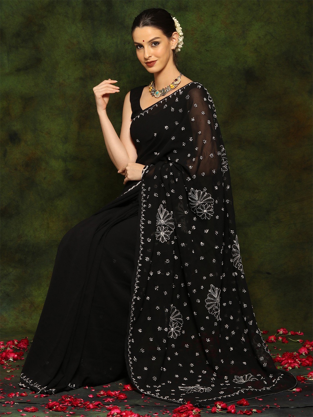 

Exotic India Floral Chikankari Pure Cotton Saree, Black