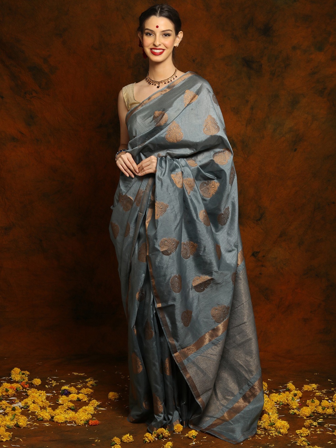 

Exotic India Woven Design Zari Pure Silk Saree, Grey
