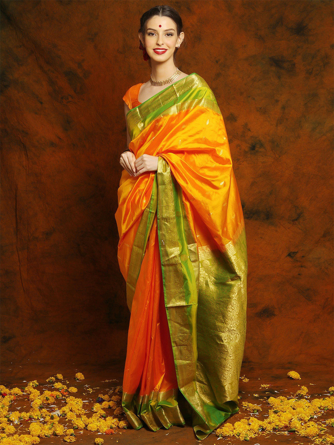 

Exotic India Woven Design Zari Pure Silk Kanjeevaram Saree, Orange