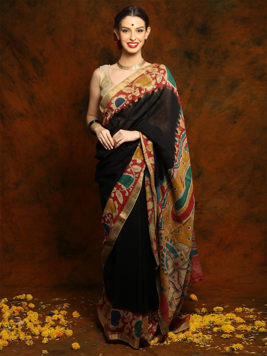 

Exotic India Kalamkari Zari Pure Chiffon Saree, Black