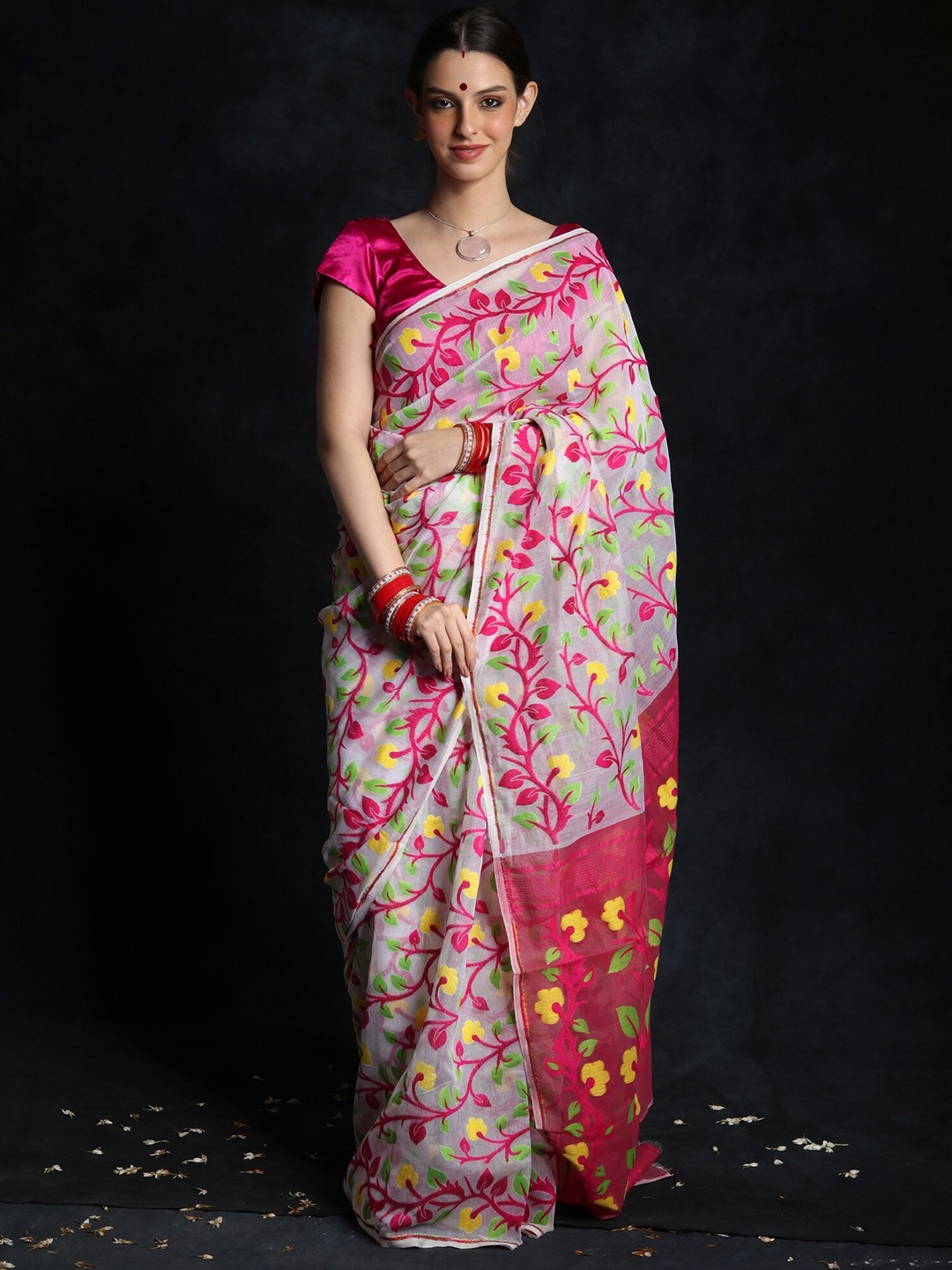 

Exotic India Floral Saree, White