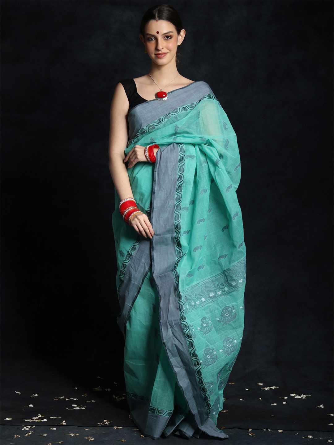 

Exotic India Woven Design Pure Cotton Saree, Turquoise blue