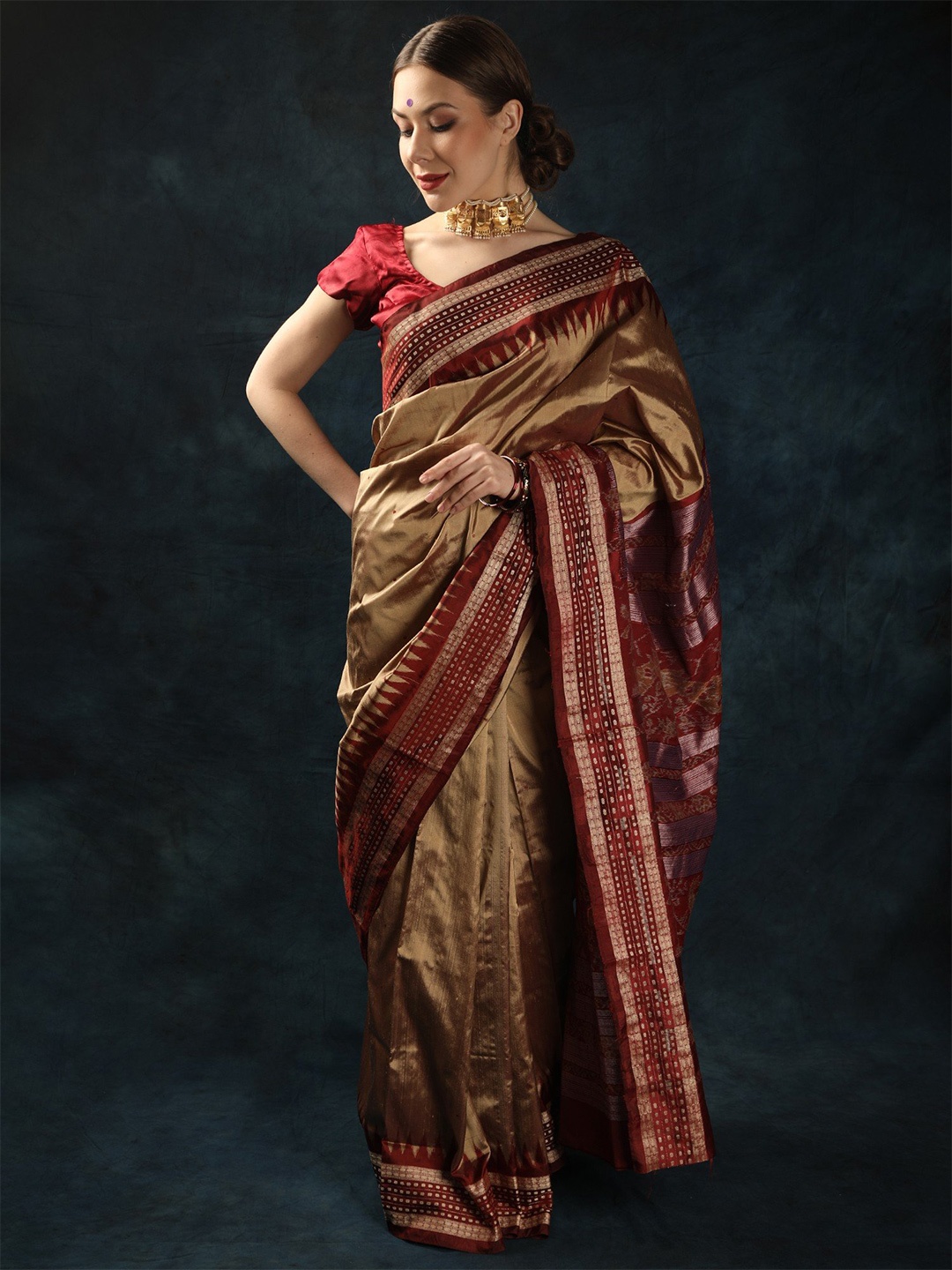 

Exotic India Zari Pure Silk Sambalpuri Saree, Beige