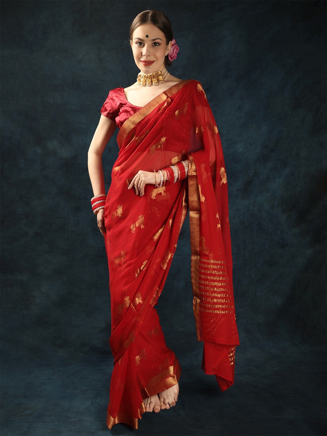 

Exotic India Woven Design Zari Pure Chiffon Saree, Red