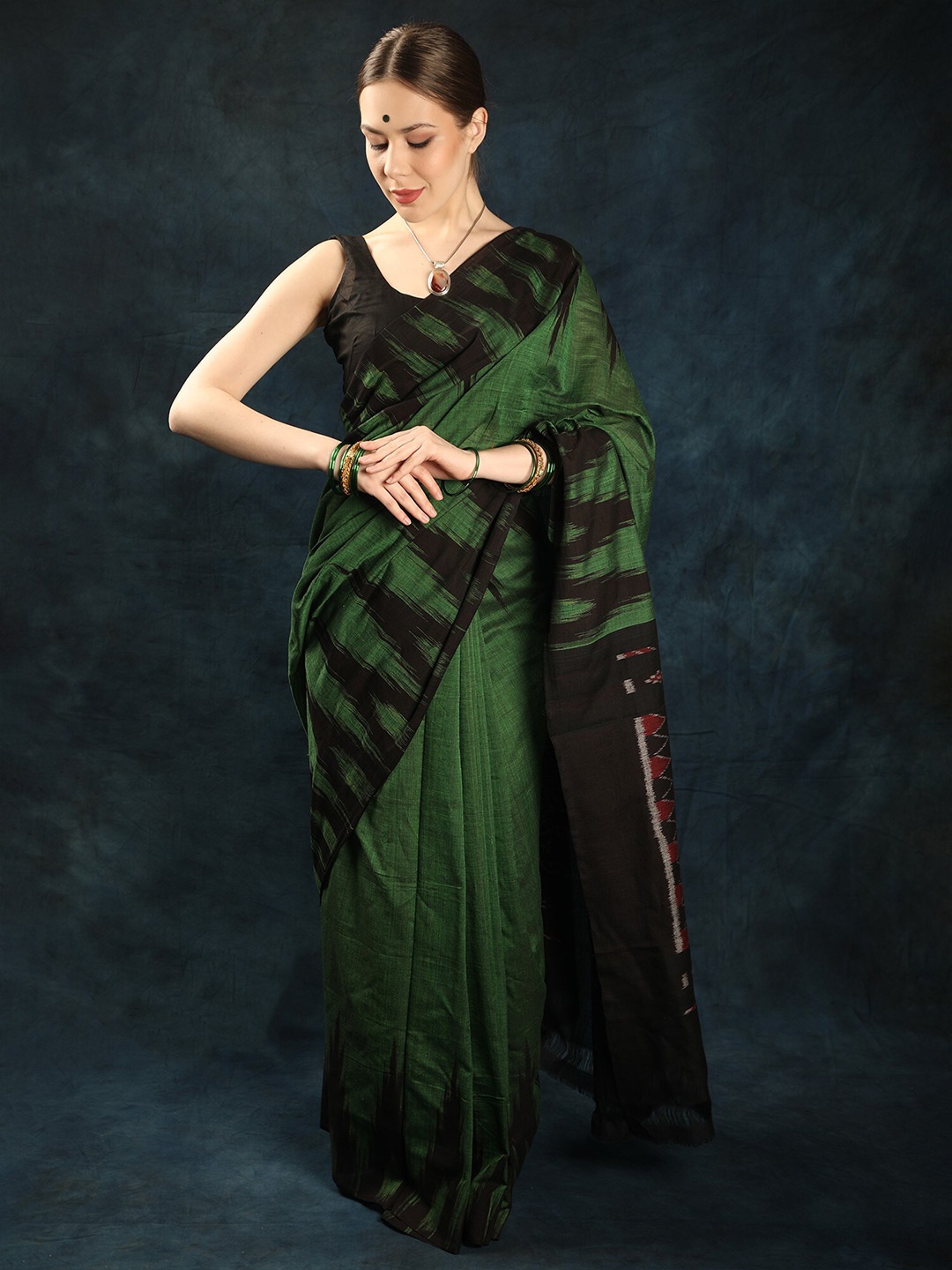 

Exotic India Pure Cotton Sambalpuri Saree, Green