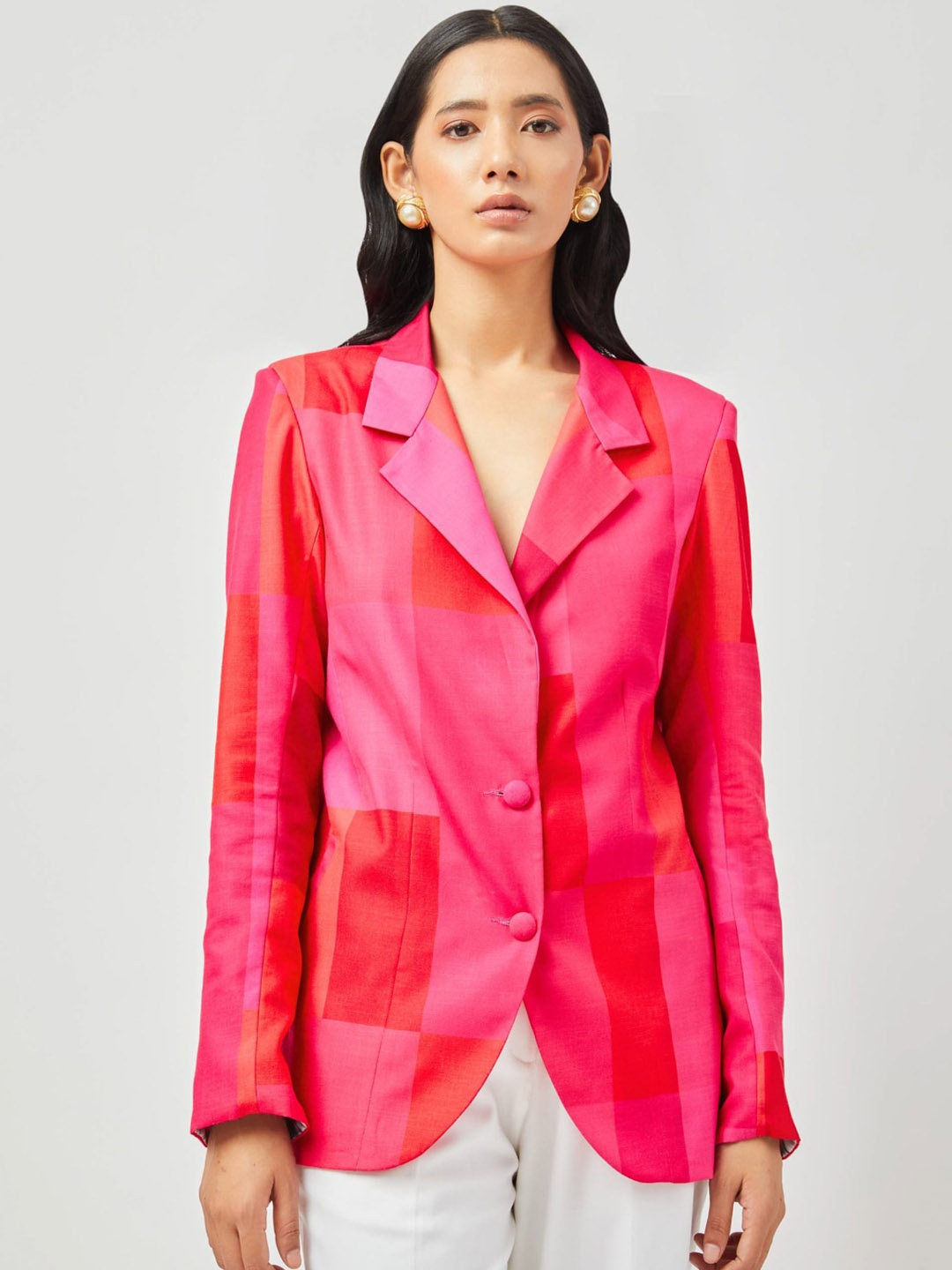 

Contemponari Checked Tailored-Fit Single-Breasted Linen Blazer, Pink