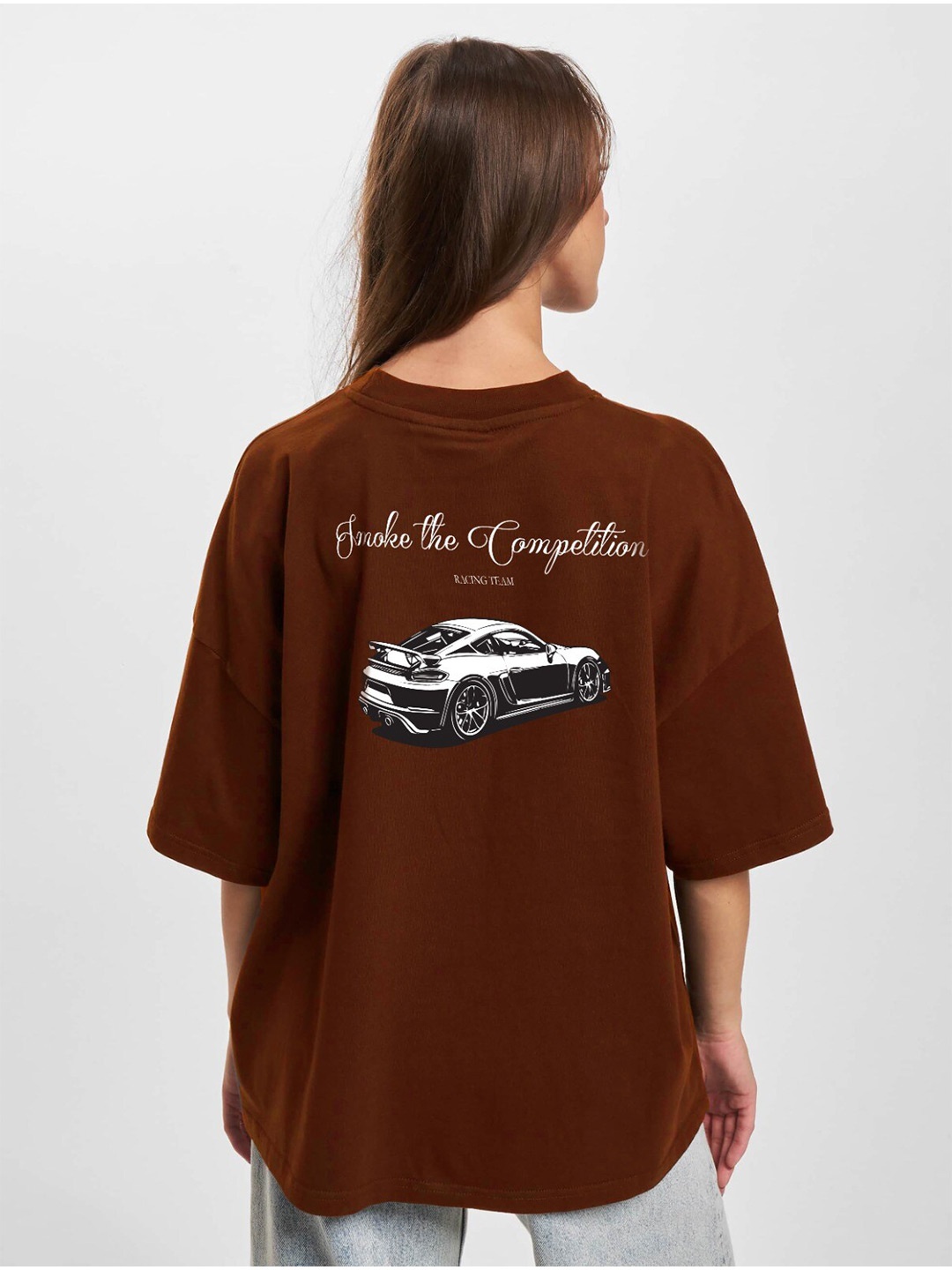 

MISCHIEF MONKEY Round Neck Printed Oversized T-shirt, Coffee brown