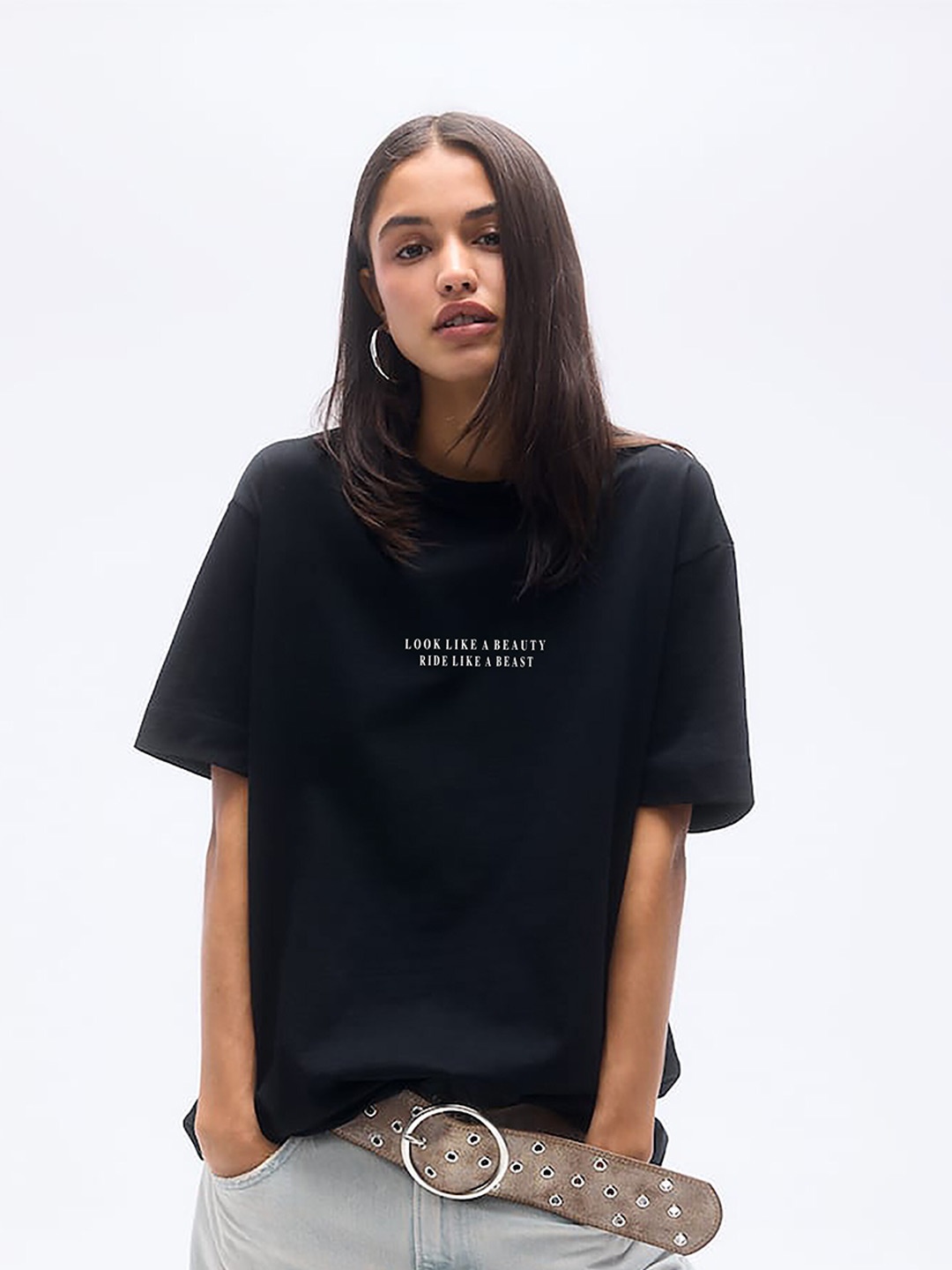 

MISCHIEF MONKEY Typography Printed Drop-Shoulder Sleeves Oversized Cotton T-shirt, Black