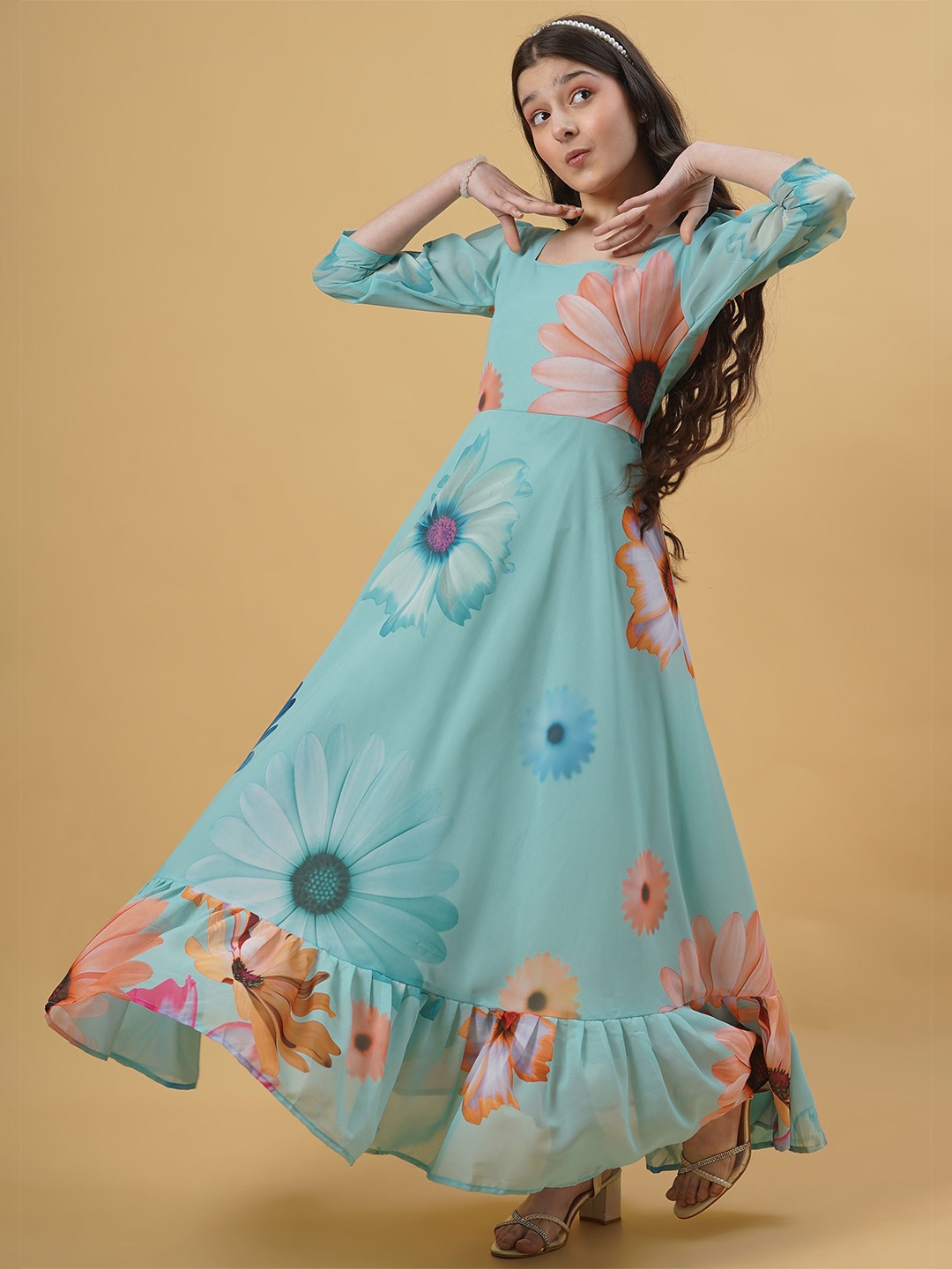 Kedar Fab Girls Floral Printed Georgette Maxi Dress, Sea green