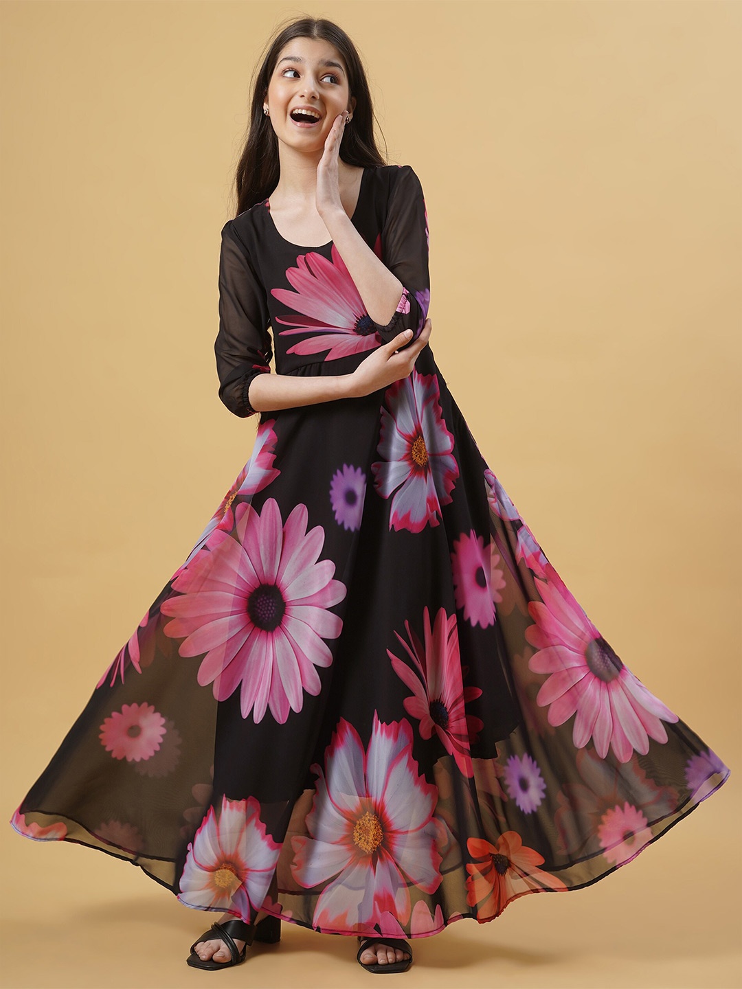 Kedar Fab Girls Floral Printed Georgette Maxi Dress, Black