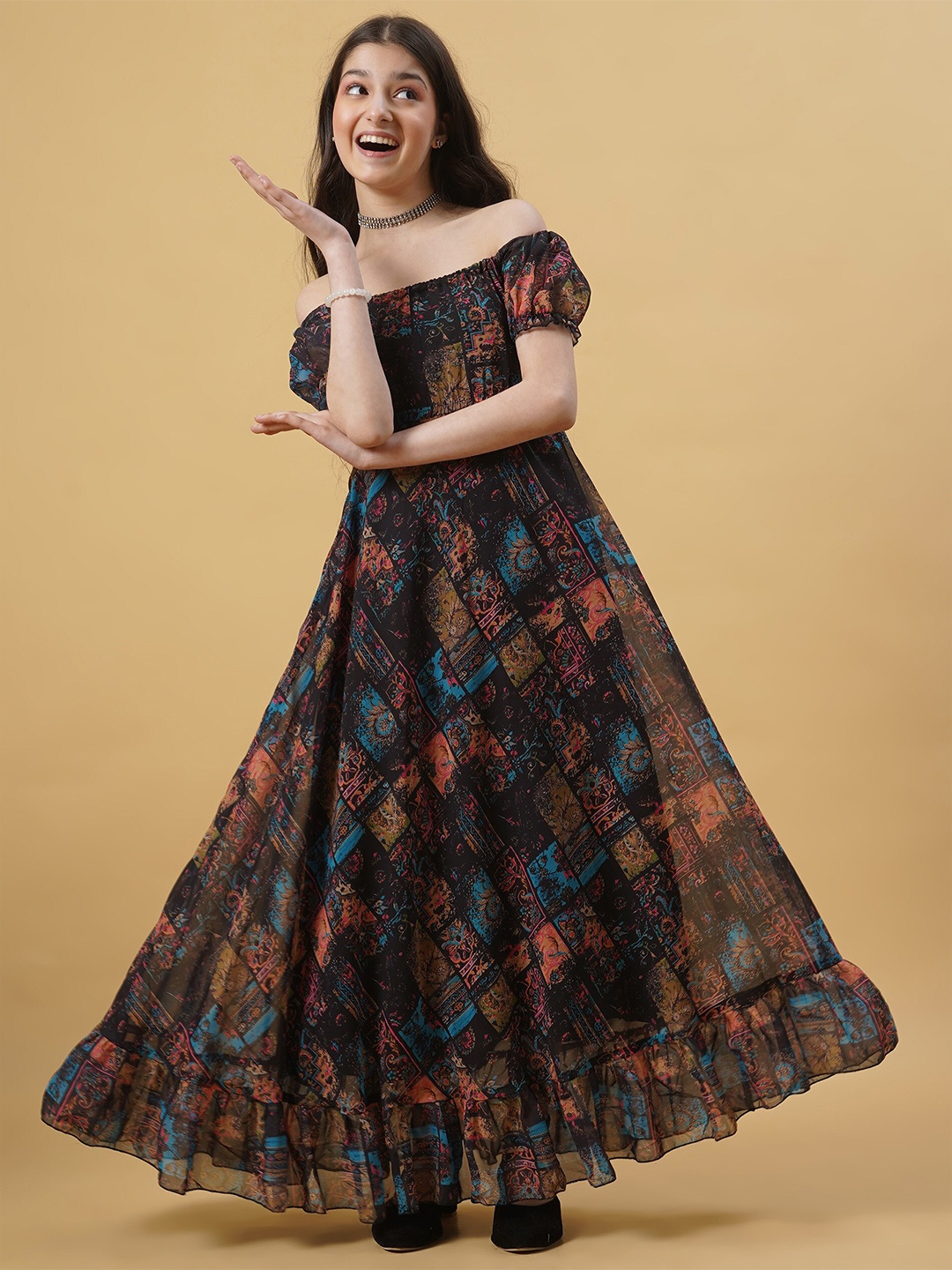 

Kedar Fab Girls Floral Print Off-Shoulder Puff Sleeves Georgette Maxi Dress, Black
