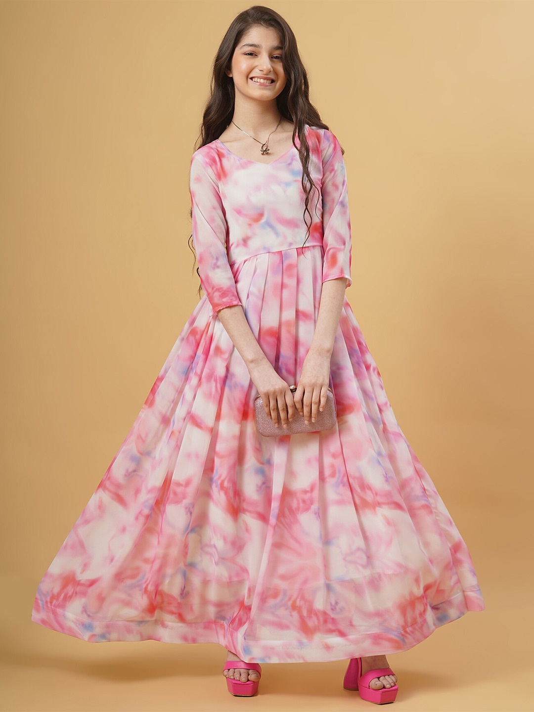 

Kedar Fab Girls Abstract Printed Georgette Maxi Dress, White