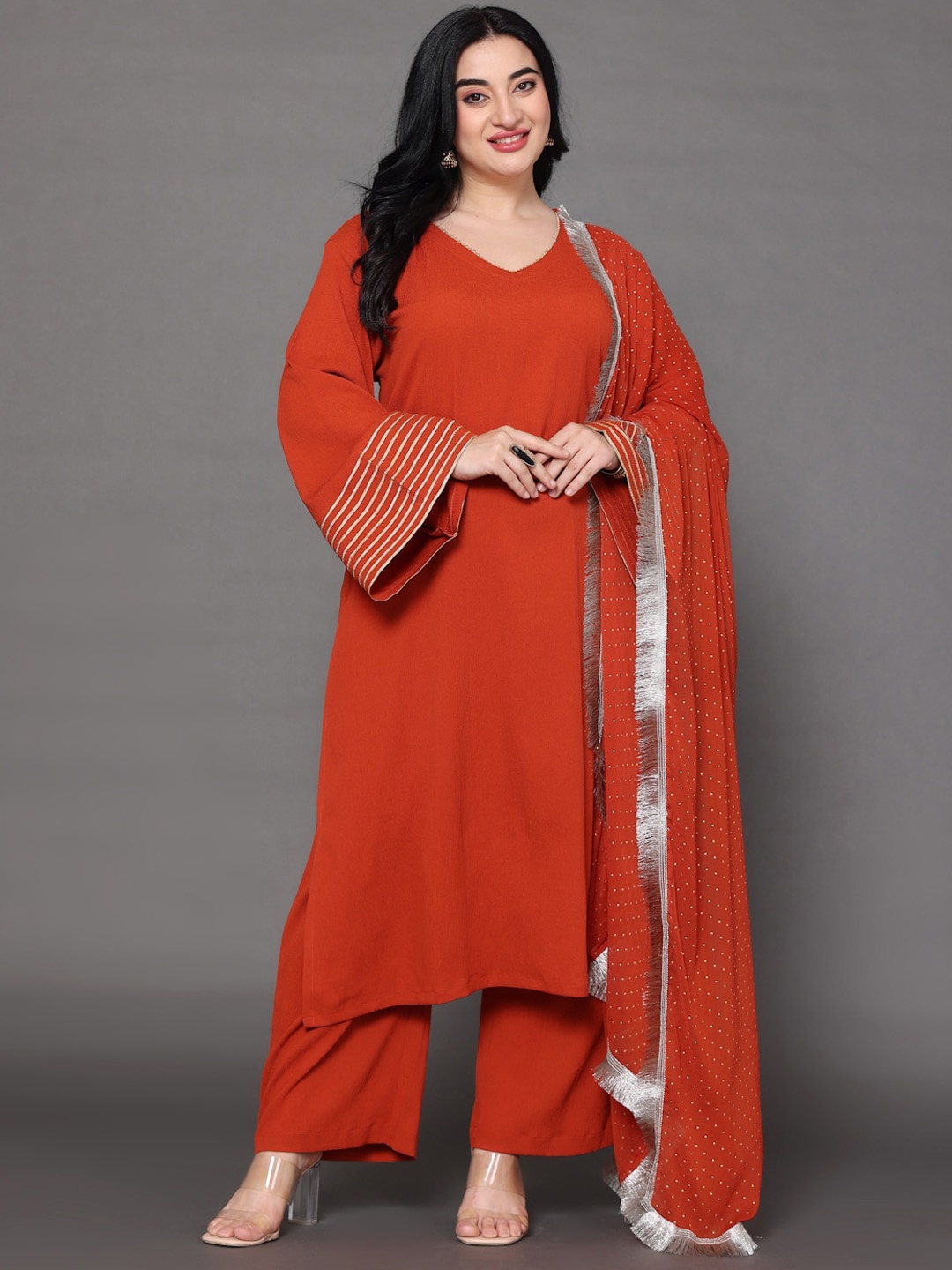 

Sztori Plus Size V Neck Regular Gotta Patti Silk Crepe Straight Kurta Set, Rust