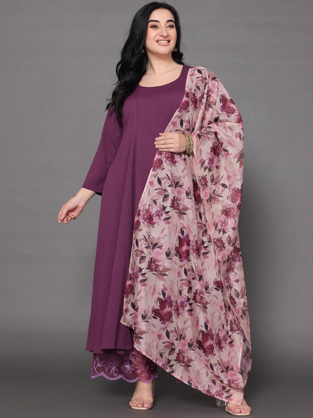 

Sztori Plus Size Round Neck Panelled Silk Crepe Anarkali Kurta Set, Purple