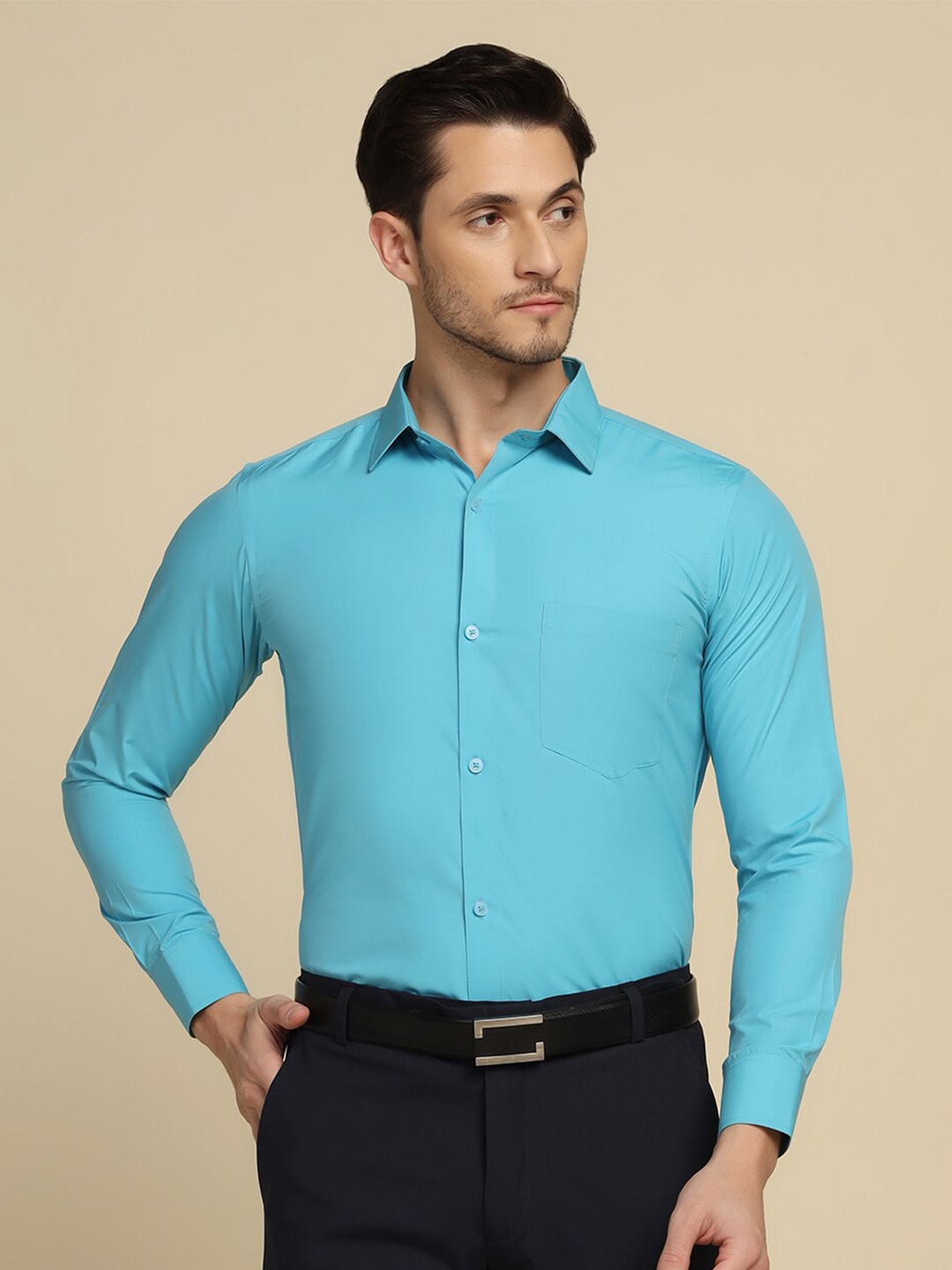 

TAHVO Smart Slim Fit Spread Collar Formal Shirt, Blue