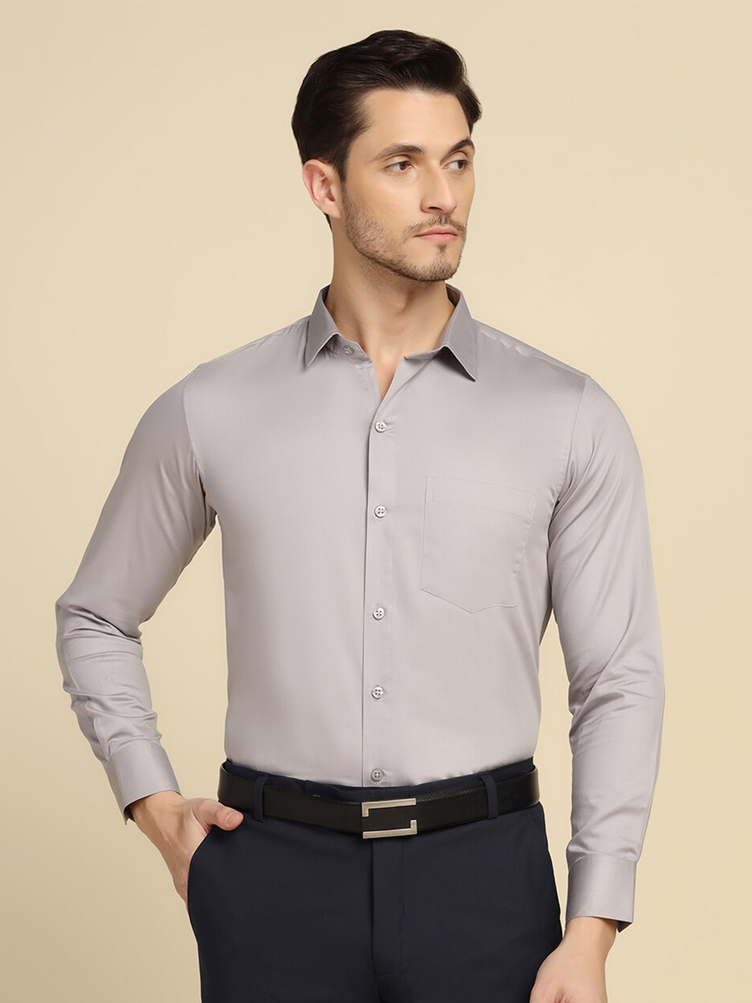 

TAHVO Smart Slim Fit Spread Collar Formal Shirt, Grey