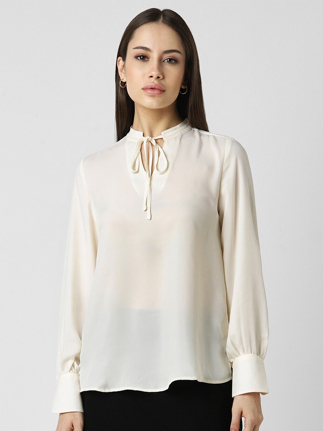 

Van Heusen Woman Tie-Up Neck Cuffed Sleeves Top, Cream