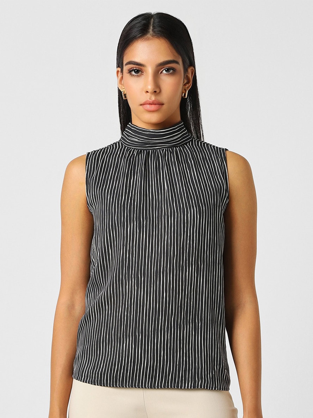 

Van Heusen Woman High Neck Sleeveless Striped Top, Black