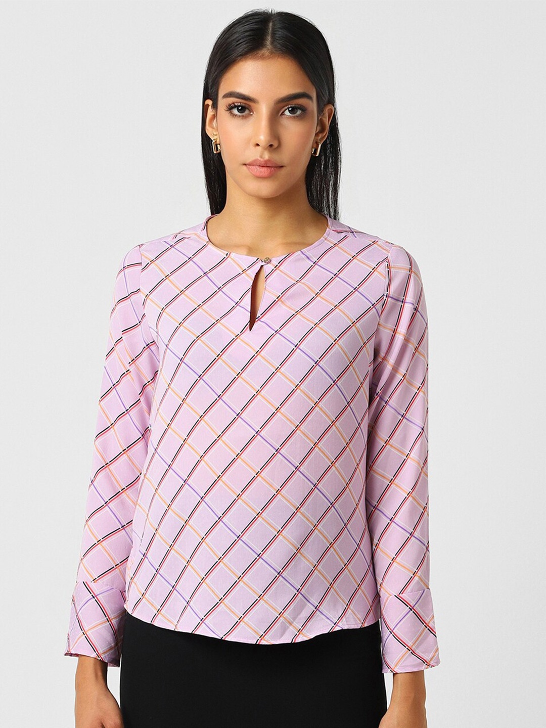 

Van Heusen Woman Geometric Print Long Sleeves Keyhole Neck Top, Purple