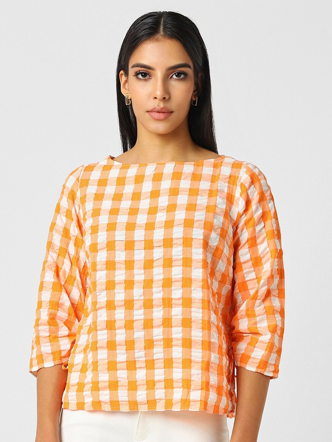 

Van Heusen Woman Checked Three-Quarter Sleeves Round Neck Cotton Top, Orange