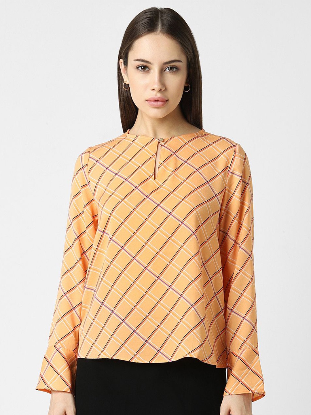 

Van Heusen Woman Checked Keyhole Neck Flared Sleeve Top, Orange