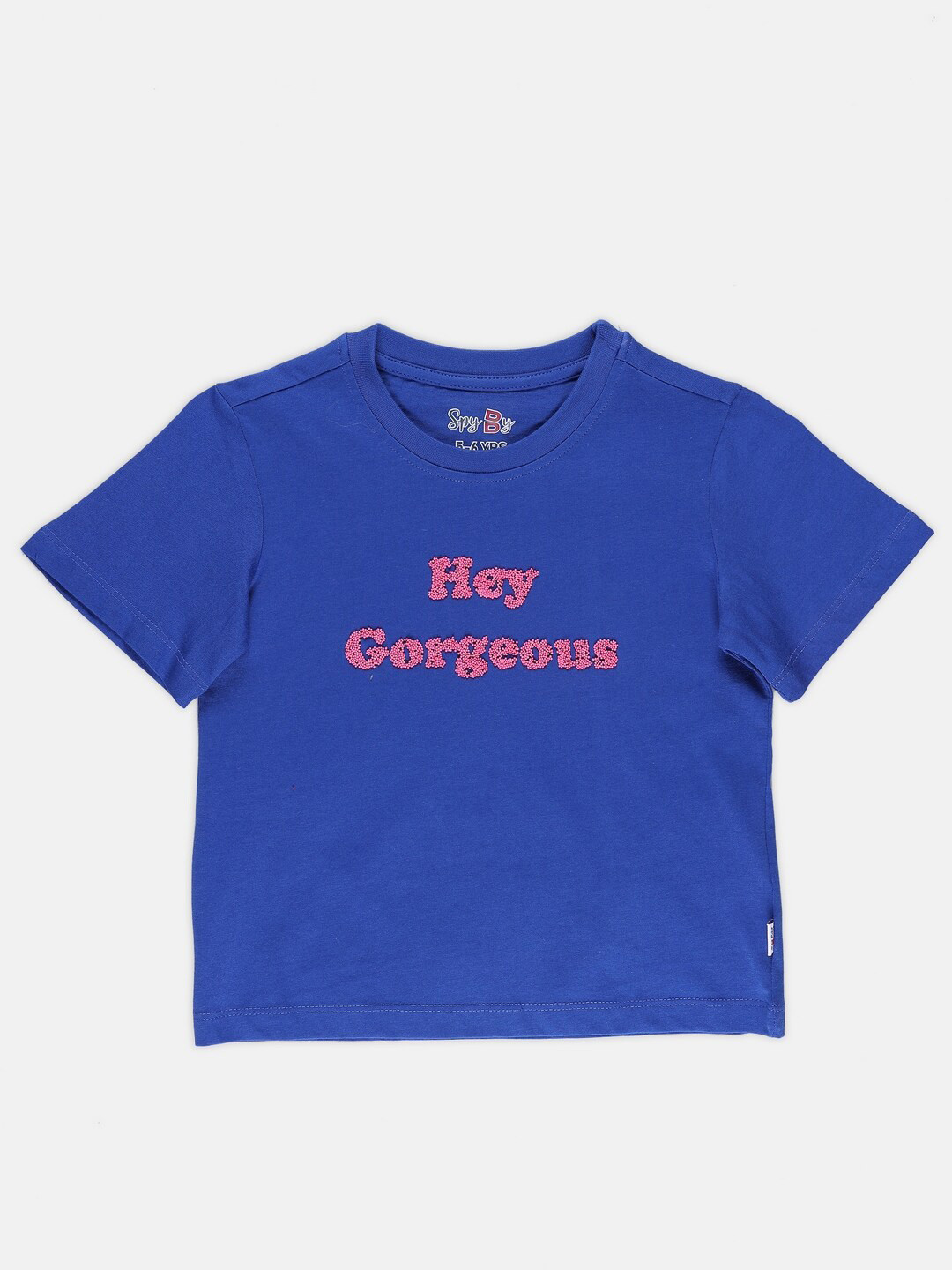 

SPYBY Girls Typography Printed Short Sleeves Round Neck Cotton Applique T-shirt, Blue