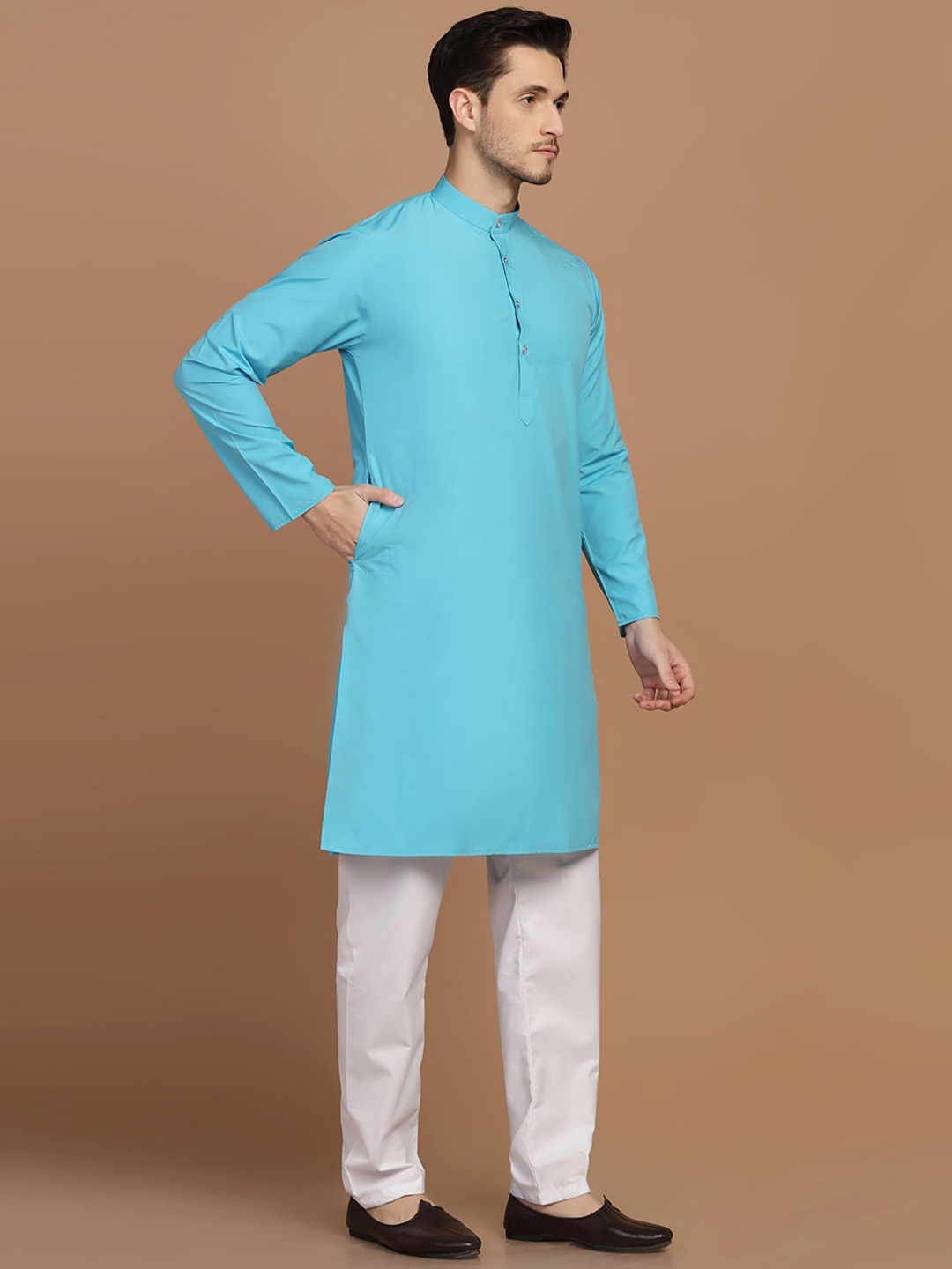 

TAHVO Mandarin Collar Straight Kurta With Trousers, Blue