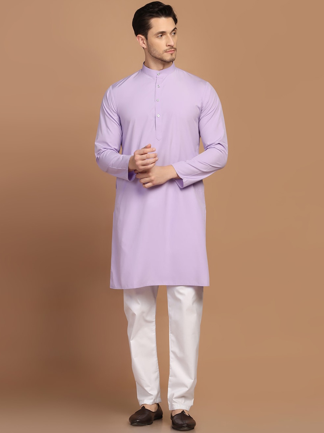 

TAHVO Mandarin Collar Regular Kurta with Pyjamas, Purple