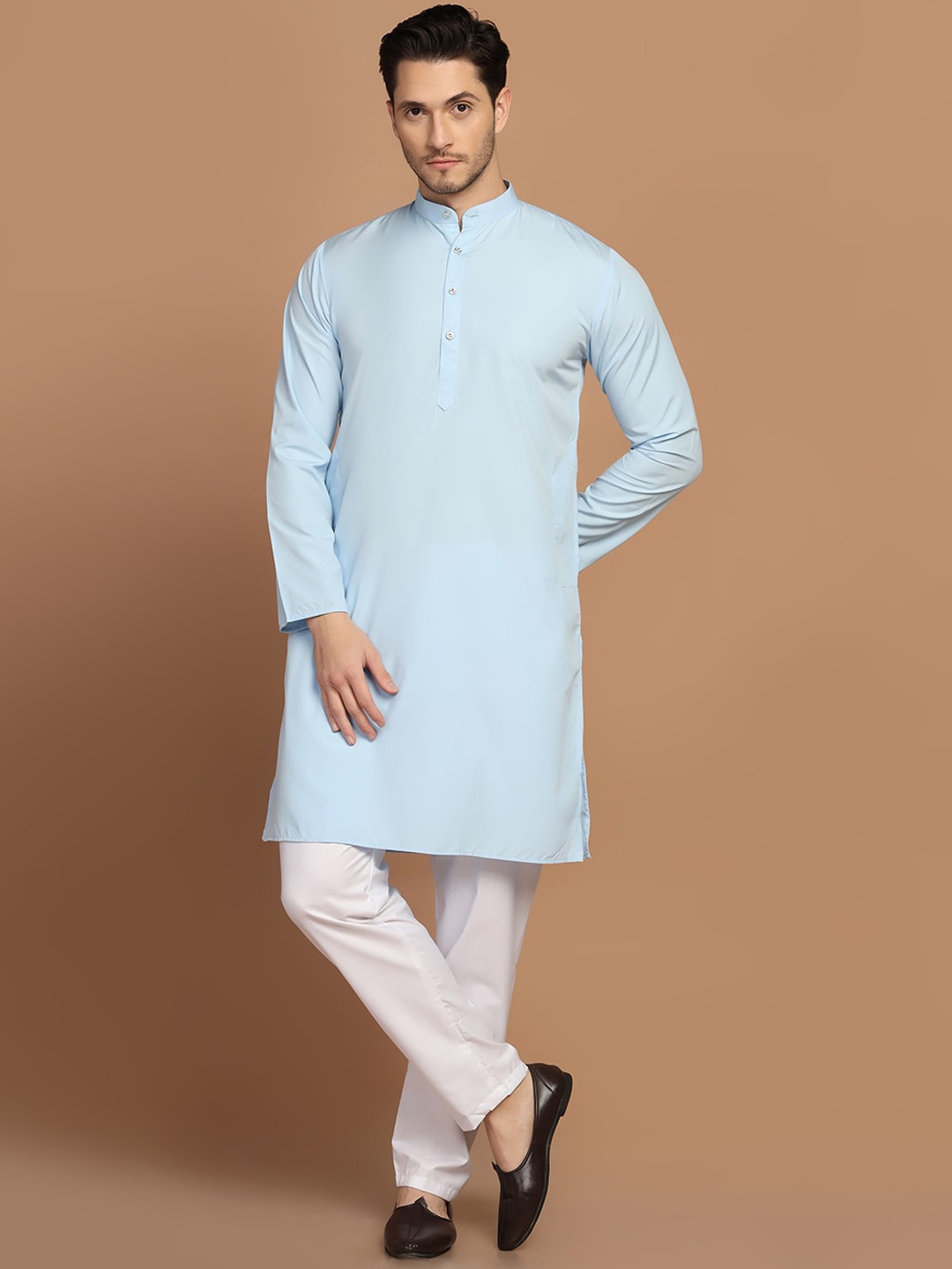 

TAHVO Mandarin Collar Straight Long Sleeves Straight Kurta With Pyjamas, Blue