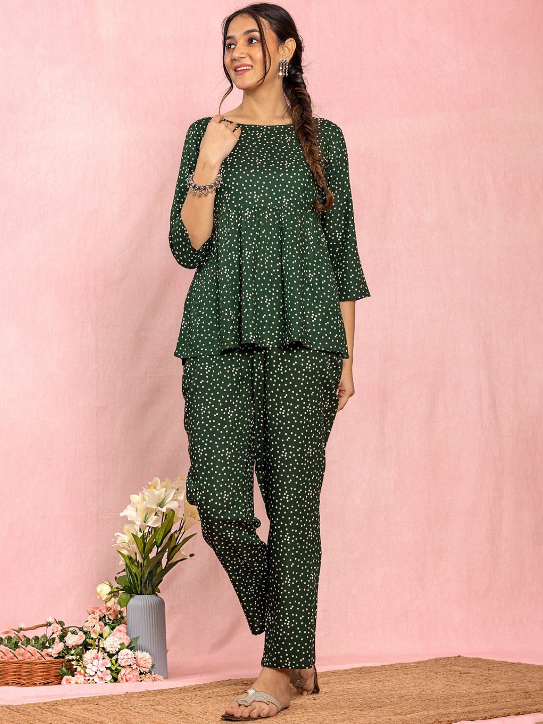 

KASYA Polka Dots Printed Top With Trousers, Green