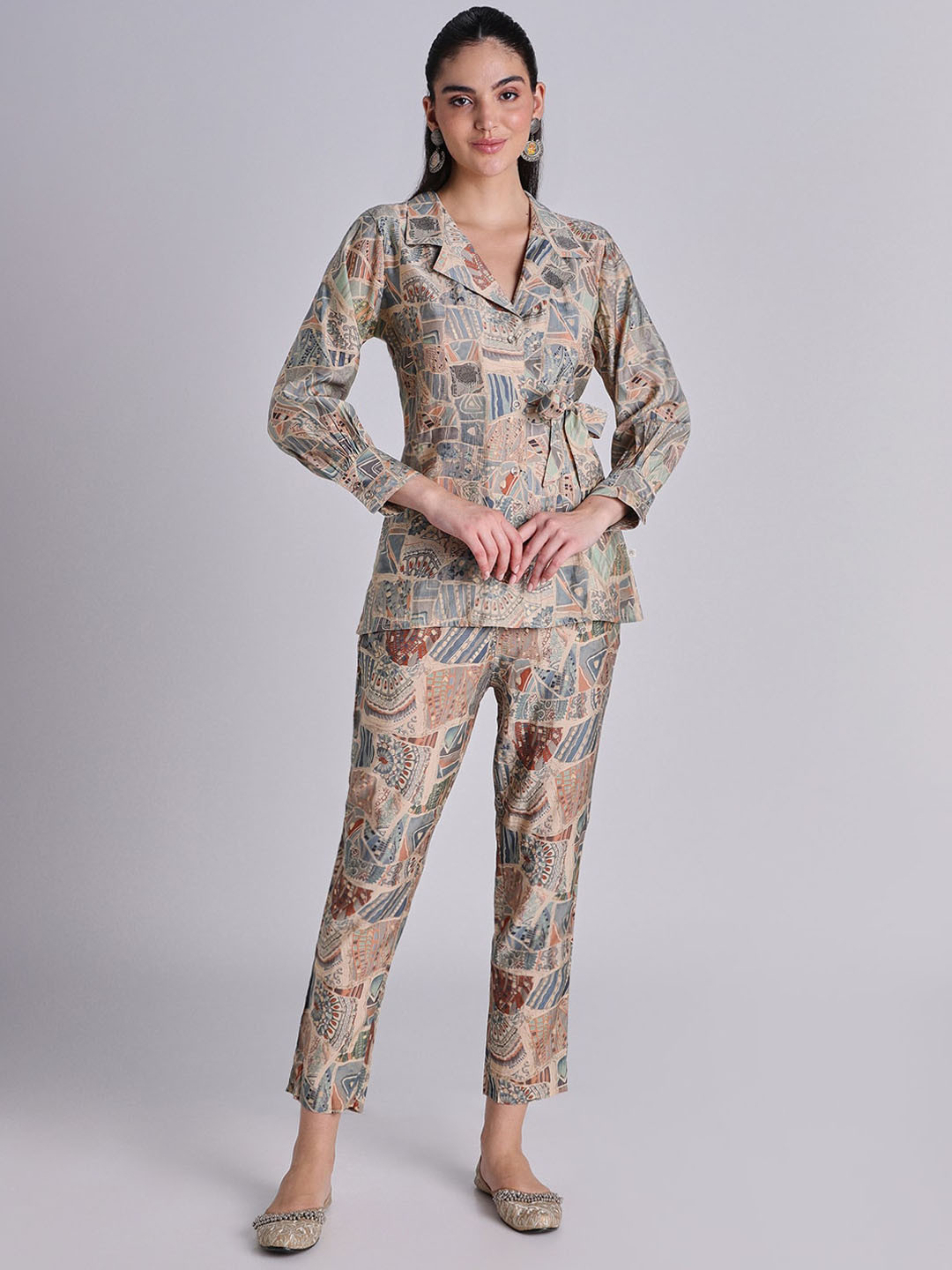 

House Of Dharaa Abstract Printed Lapel Collar Top With Trousers, Green