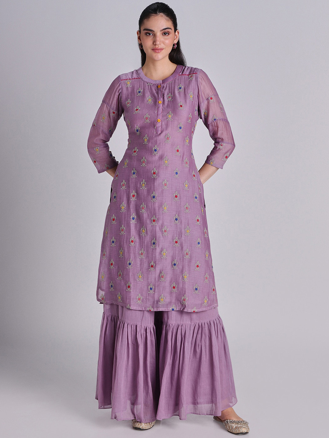 

House Of Dharaa Floral Embroidered Regular Thread Work Pure Cotton Straight Kurta Set, Lavender