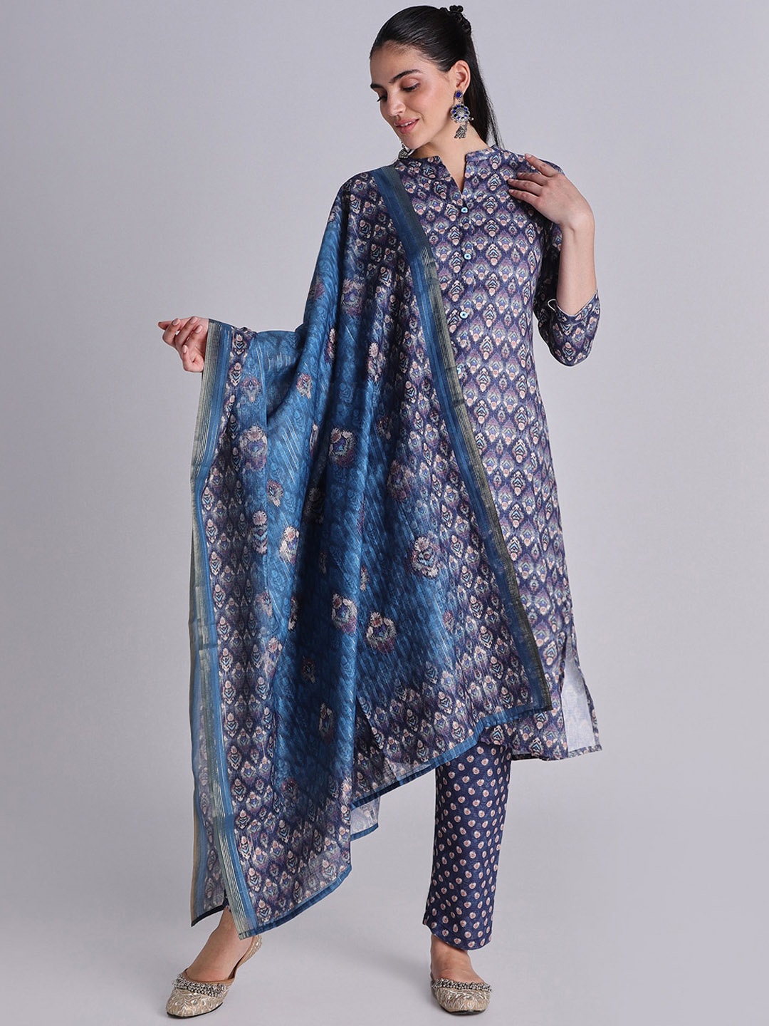 

House Of Dharaa Ethnic Motifs Printed Pure Cotton Straight Kurta With Trousers & Dupatta, Blue