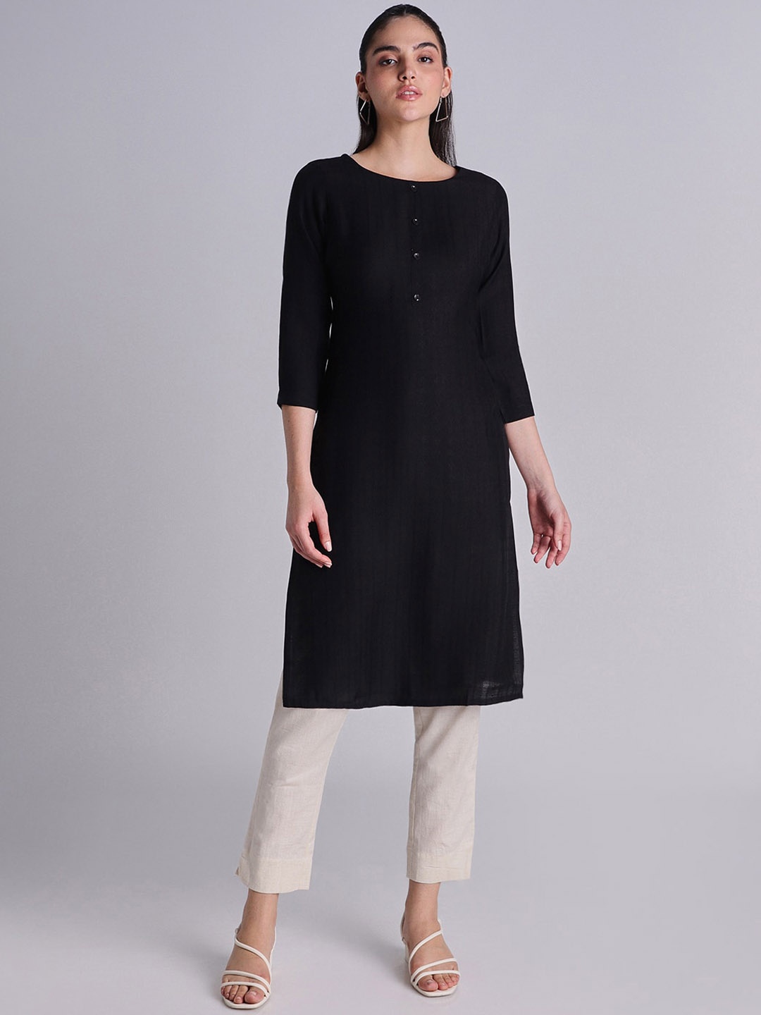 

House Of Dharaa Round Neck Chiffon Straight Kurta, Black
