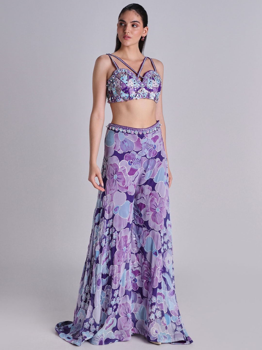 

House Of Dharaa Floral Printed Crop Top With Palazzos & Dupatta, Purple