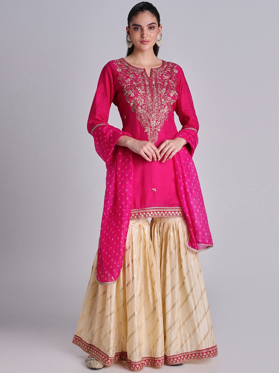 

House Of Dharaa Floral Embroidered Thread Work Kurti with Sharara & Dupatta, Pink